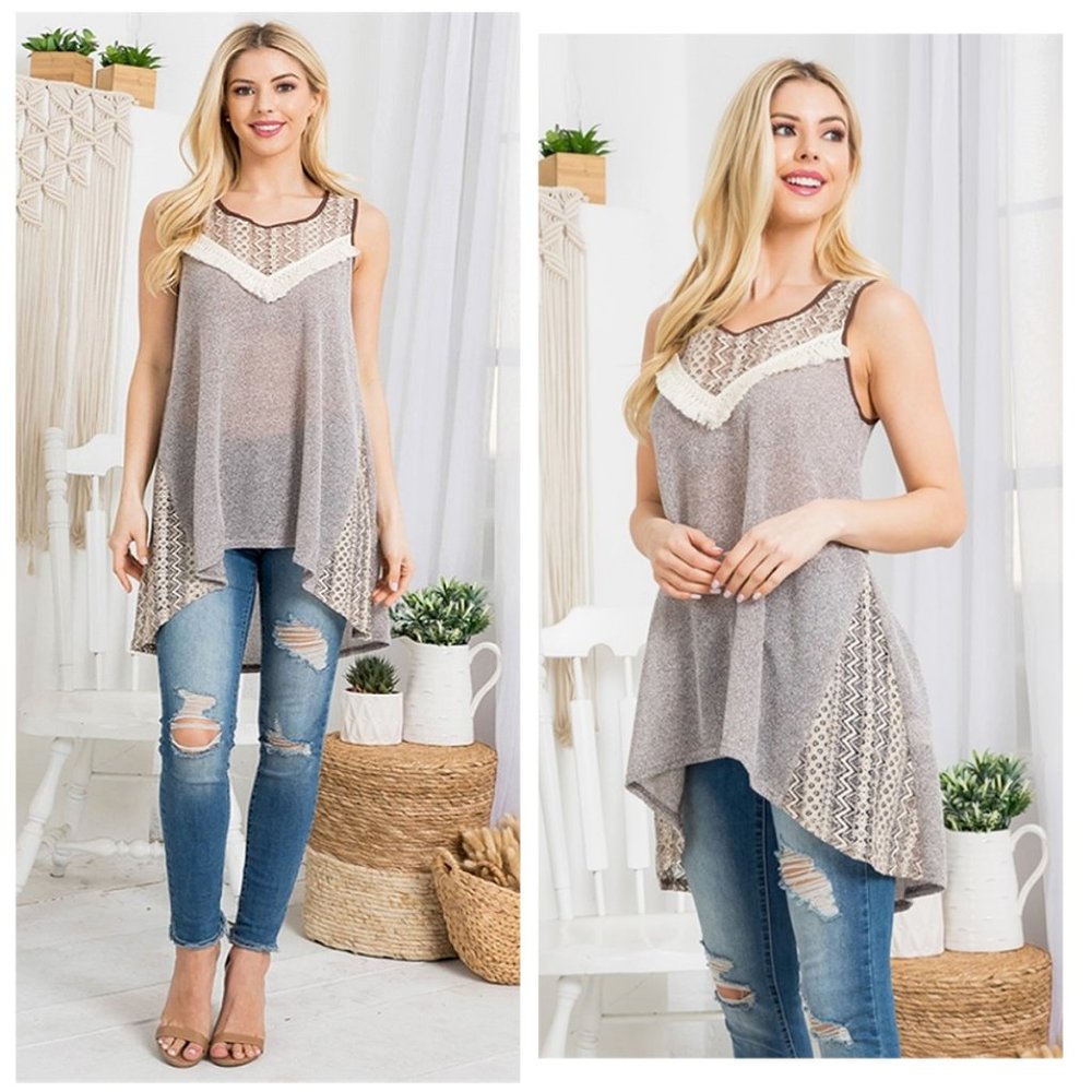 Chantal Longline BOHO Knit Fringe Embellished Victorian Lace Tie Back Top T9805